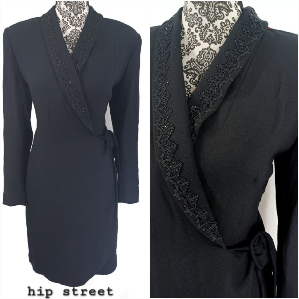 KASPER Vintage LS Wrap Front Bead Shawl Collar Crepe Tuxedo Dress 6